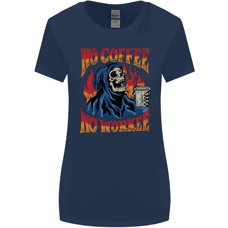 No Coffee No Work Funny Skull Grim Reaper Womens Wider Cut T-Shirt Navy Blue