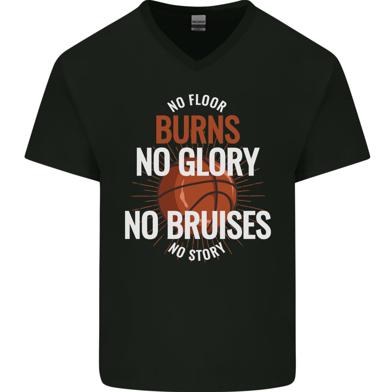 No Floor Burns No Glory Basketball Mens V-Neck Cotton T-Shirt Black