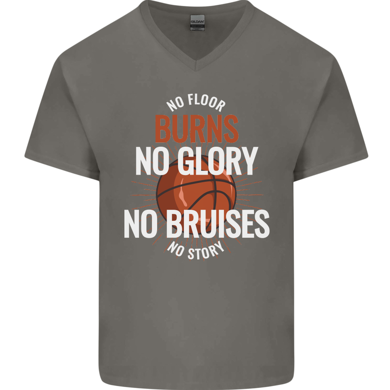 No Floor Burns No Glory Basketball Mens V-Neck Cotton T-Shirt Charcoal