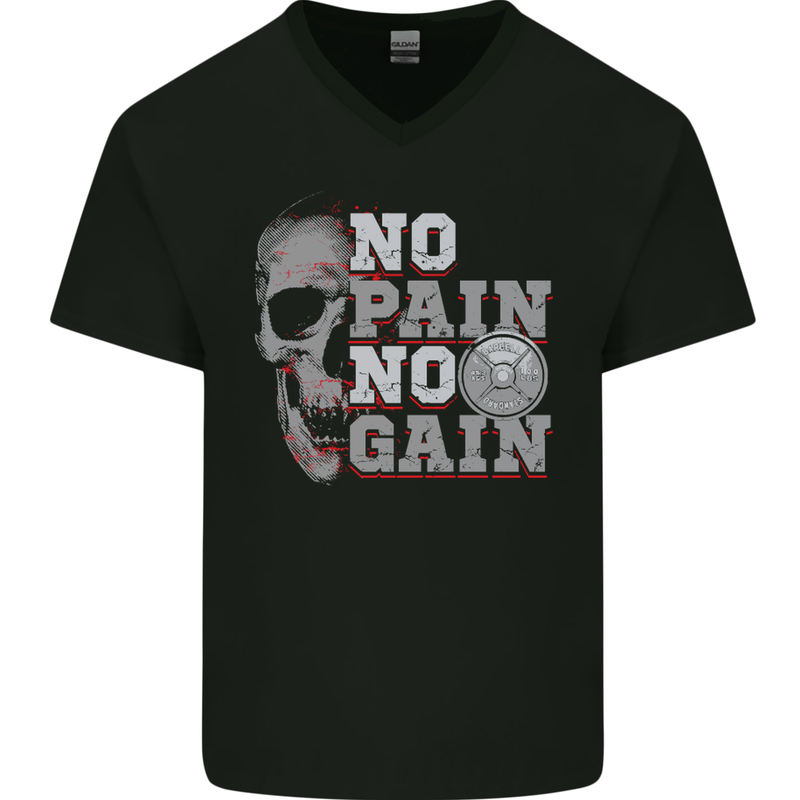 No Pain No Gain Gym Training Top Fitness Mens V-Neck Cotton T-Shirt Black
