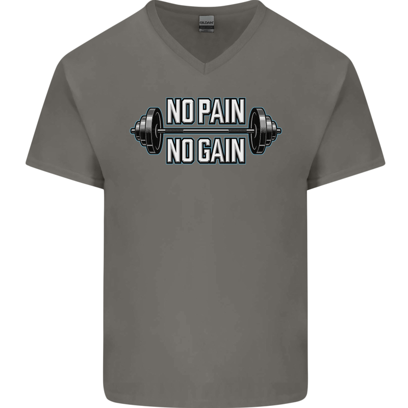 No Pain No Gain Workout Gym Training Top Mens V-Neck Cotton T-Shirt Charcoal