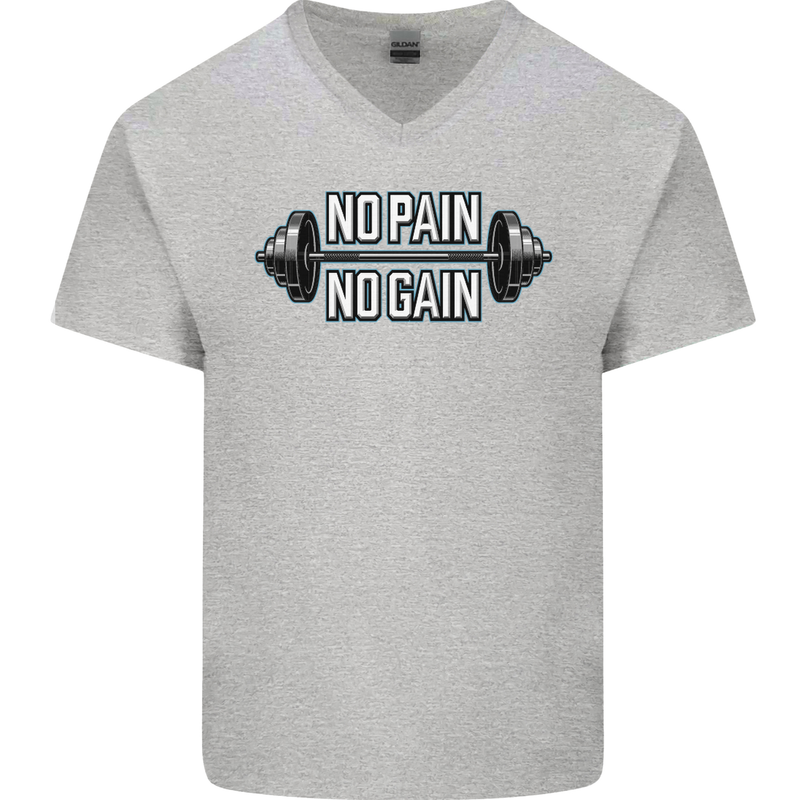 No Pain No Gain Workout Gym Training Top Mens V-Neck Cotton T-Shirt Sports Grey