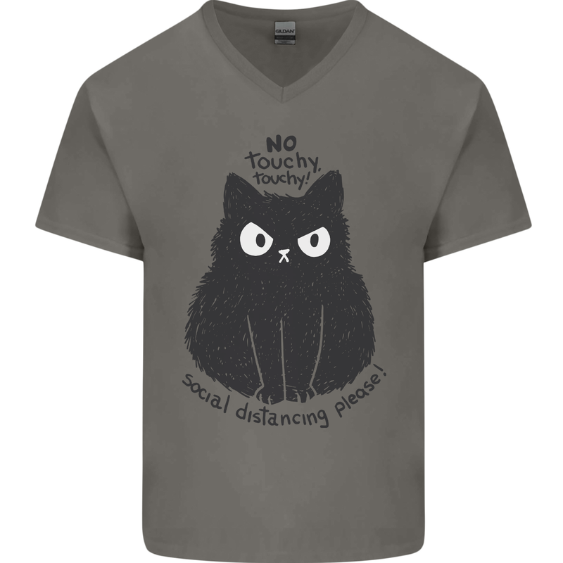 No Touchy Touchy Cat Mens V-Neck Cotton T-Shirt Charcoal