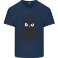 No Touchy Touchy Cat Mens V-Neck Cotton T-Shirt Navy Blue
