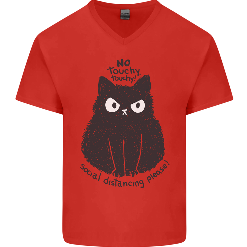 No Touchy Touchy Cat Mens V-Neck Cotton T-Shirt Red