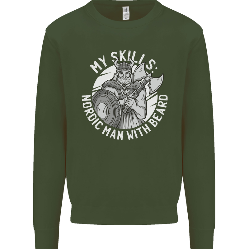 Nordic Man With Beard Funny Viking Kids Sweatshirt Jumper Forest Green