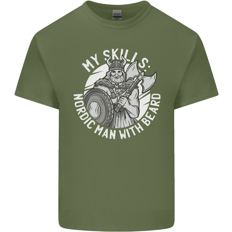 Nordic Man With Beard Funny Viking Mens Cotton T-Shirt Tee Top Military Green