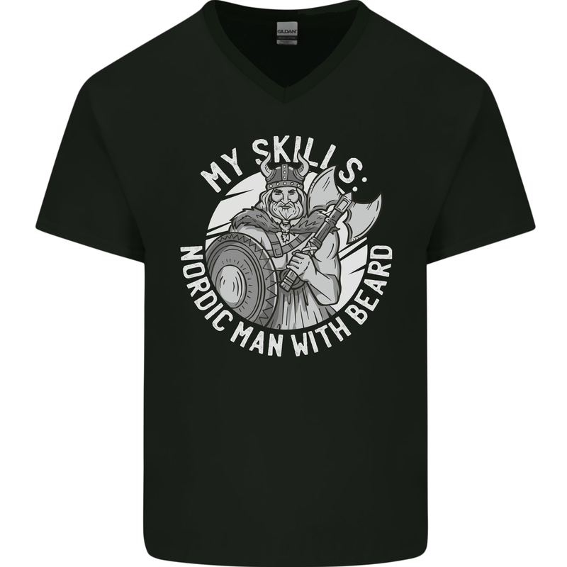 Nordic Man With Beard Funny Viking Mens V-Neck Cotton T-Shirt Black