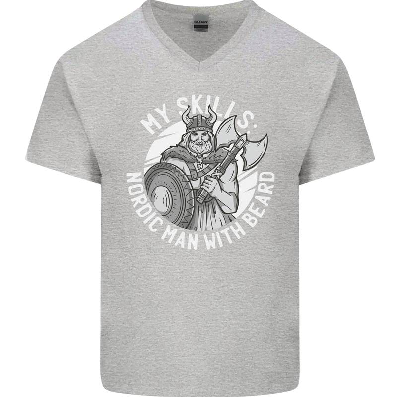 Nordic Man With Beard Funny Viking Mens V-Neck Cotton T-Shirt Sports Grey