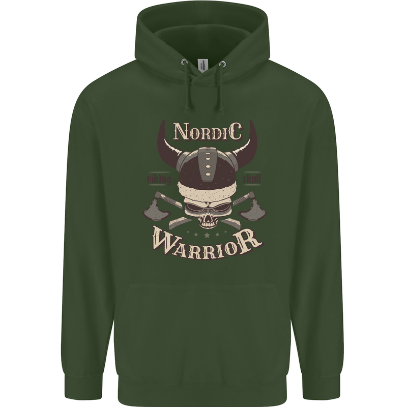 Nordic Warrior Viking Skull Childrens Kids Hoodie Forest Green