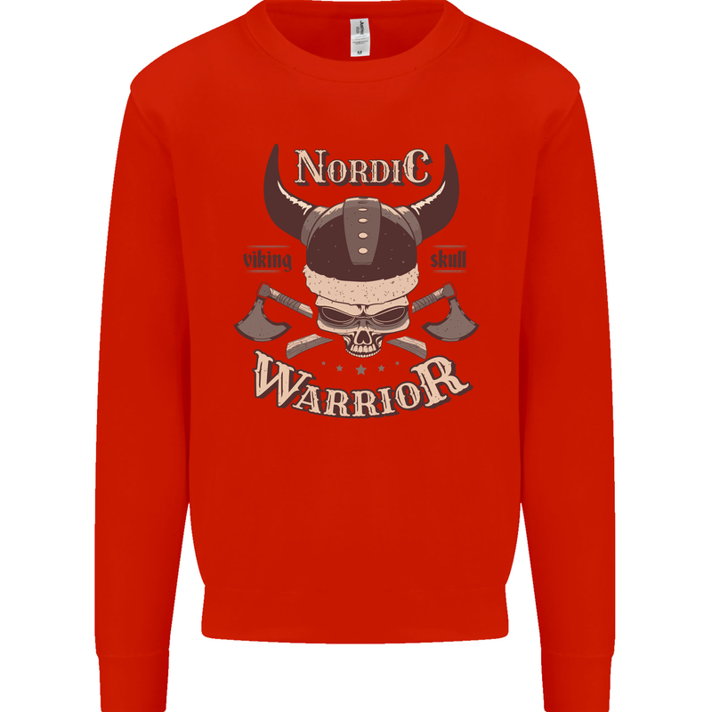 Nordic Warrior Viking Skull Kids Sweatshirt Jumper Bright Red