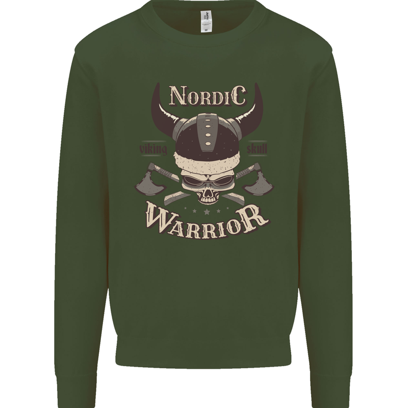 Nordic Warrior Viking Skull Kids Sweatshirt Jumper Forest Green