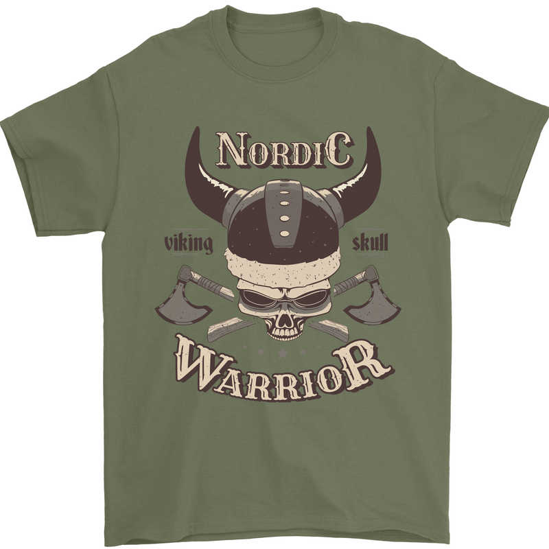 Nordic Warrior Viking Skull Mens T-Shirt 100% Cotton Military Green