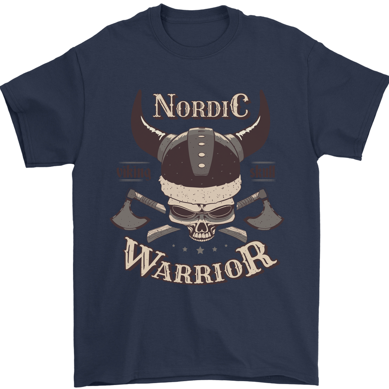 Nordic Warrior Viking Skull Mens T-Shirt 100% Cotton Navy Blue