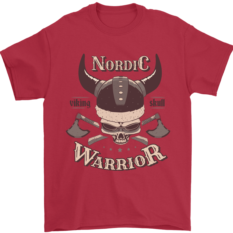Nordic Warrior Viking Skull Mens T-Shirt 100% Cotton Red