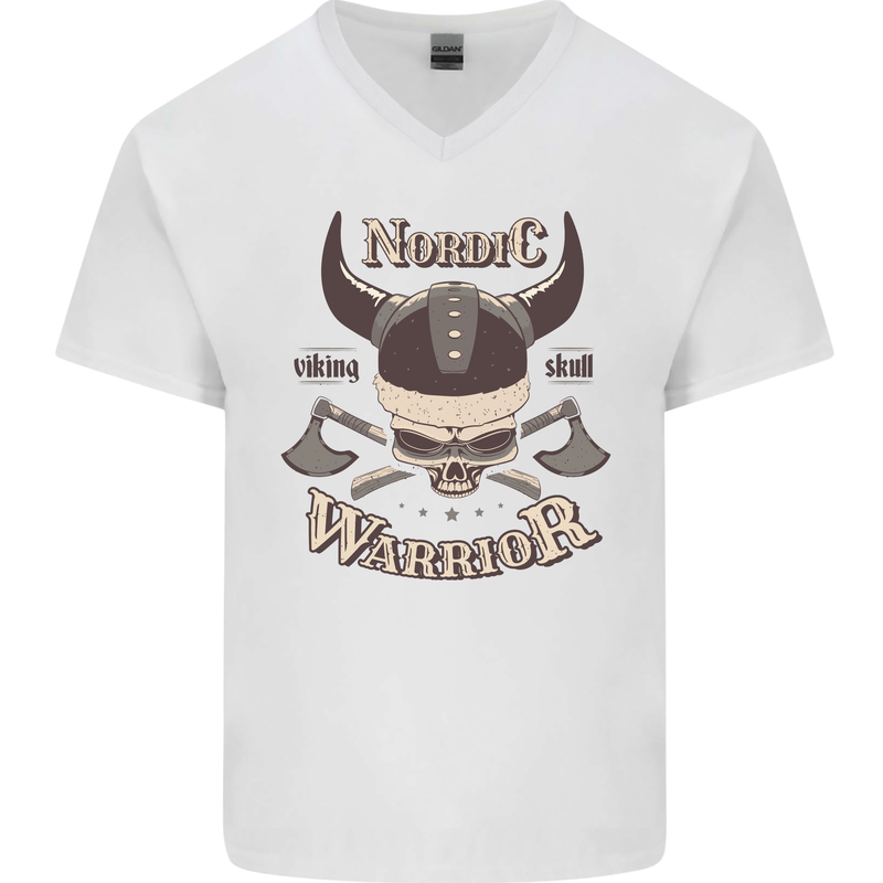 Nordic Warrior Viking Skull Mens V-Neck Cotton T-Shirt White