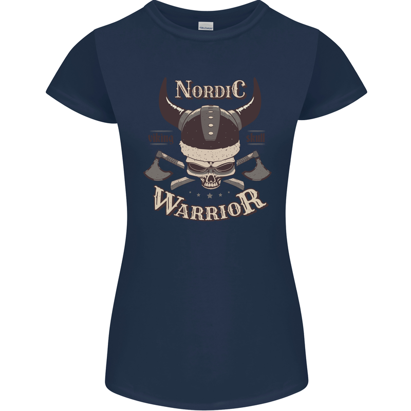 Nordic Warrior Viking Skull Womens Petite Cut T-Shirt Navy Blue