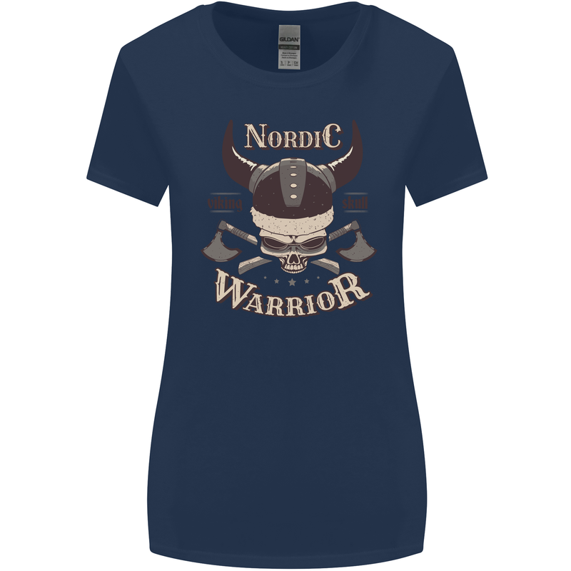 Nordic Warrior Viking Skull Womens Wider Cut T-Shirt Navy Blue