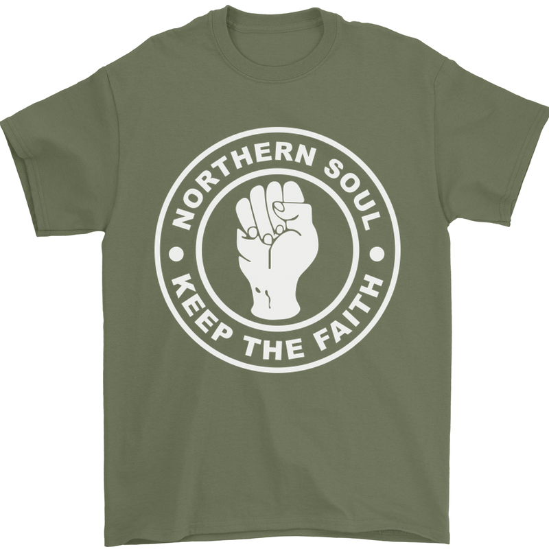 Northern Soul Keeping the Faith Dancing Mens T-Shirt Cotton Gildan Military Green