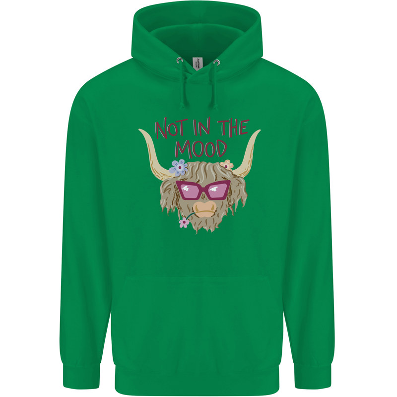 Not in the Mood Funny Highland Cow Childrens Kids Hoodie Irish Green