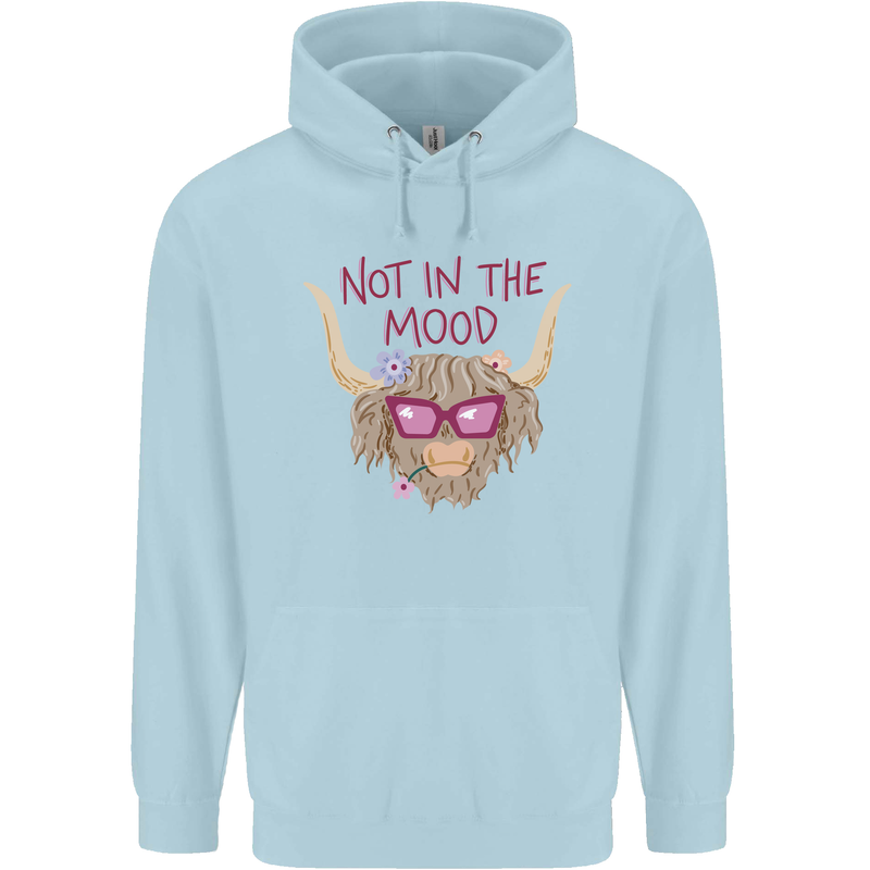Not in the Mood Funny Highland Cow Childrens Kids Hoodie Light Blue