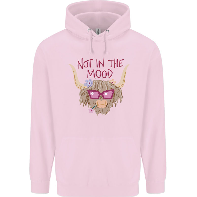 Not in the Mood Funny Highland Cow Childrens Kids Hoodie Light Pink