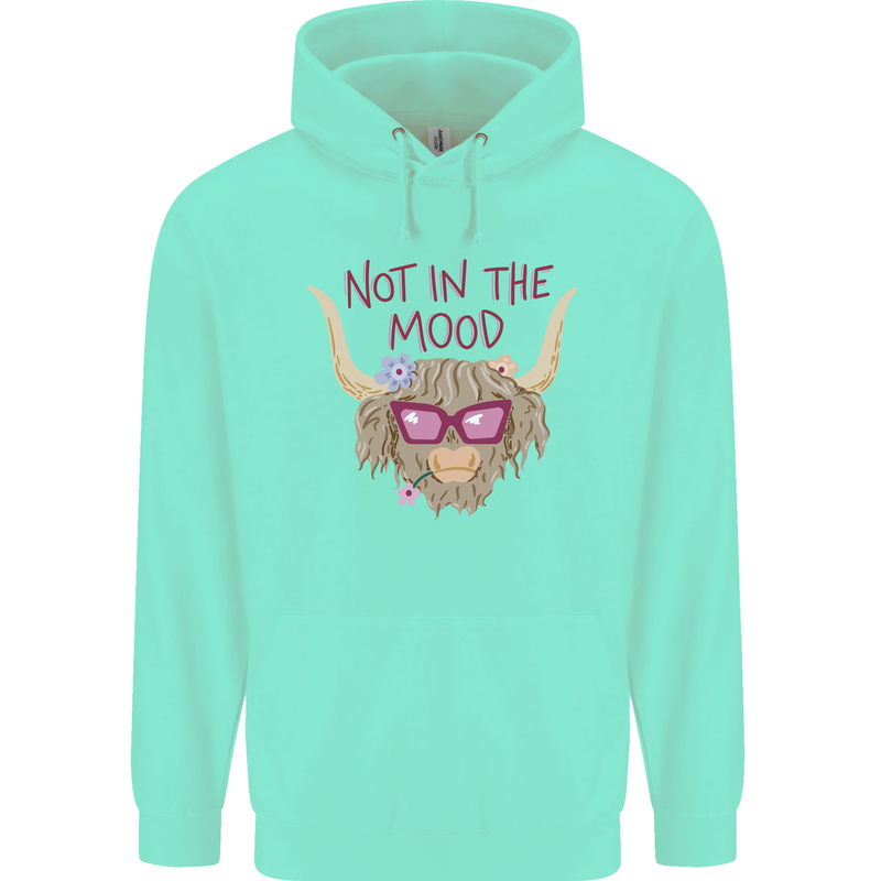 Not in the Mood Funny Highland Cow Childrens Kids Hoodie Peppermint