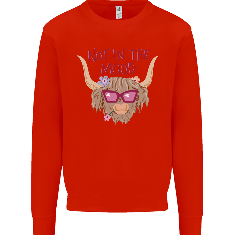 Not in the Mood Funny Highland Cow Kids Sweatshirt Jumper Bright Red