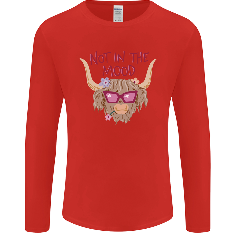 Not in the Mood Funny Highland Cow Mens Long Sleeve T-Shirt Red