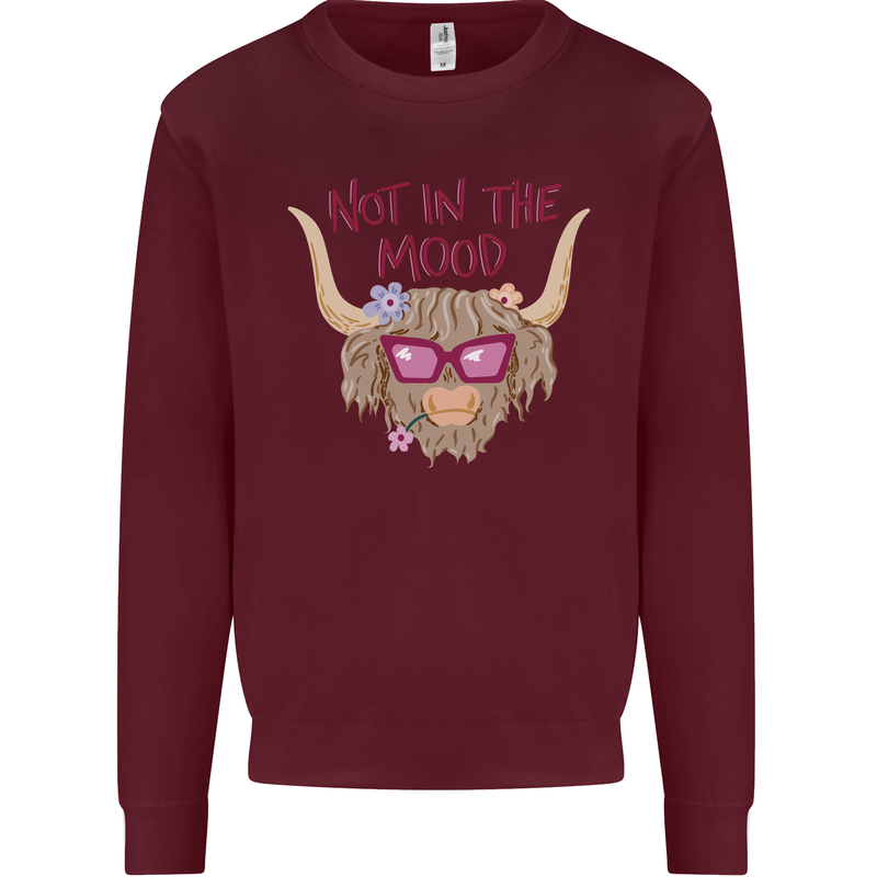 Not in the Mood Funny Highland Cow Mens Sweatshirt Jumper Maroon
