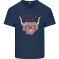 Not in the Mood Funny Highland Cow Mens V-Neck Cotton T-Shirt Navy Blue