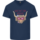 Not in the Mood Funny Highland Cow Mens V-Neck Cotton T-Shirt Navy Blue