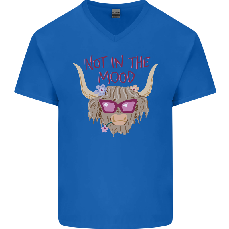 Not in the Mood Funny Highland Cow Mens V-Neck Cotton T-Shirt Royal Blue