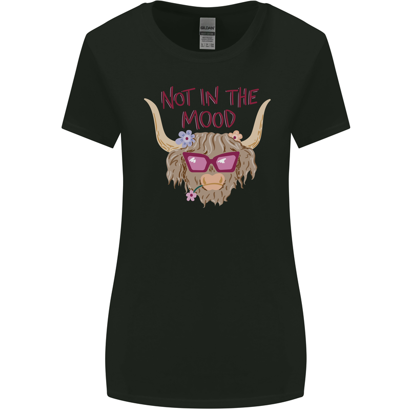 Not in the Mood Funny Highland Cow Womens Wider Cut T-Shirt Black