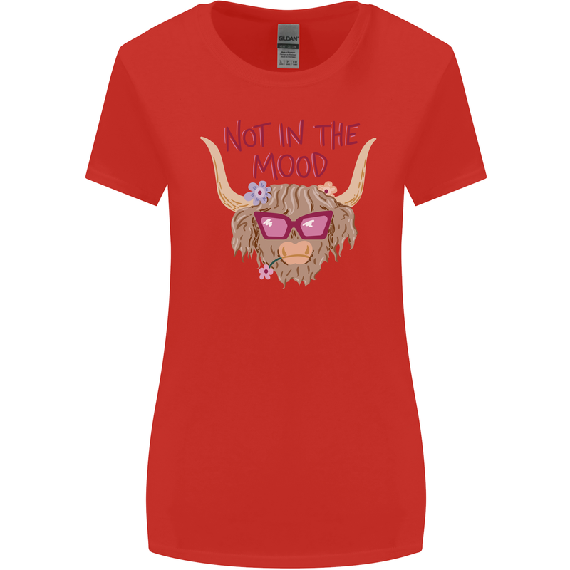 Not in the Mood Funny Highland Cow Womens Wider Cut T-Shirt Red