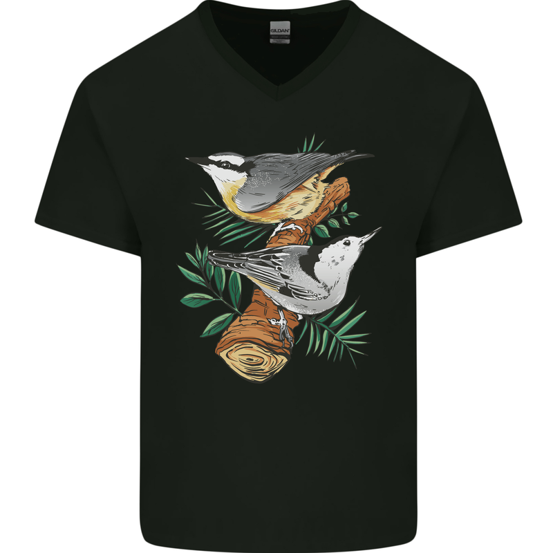 Nuthatch Garden Bird Watching Mens V-Neck Cotton T-Shirt Black
