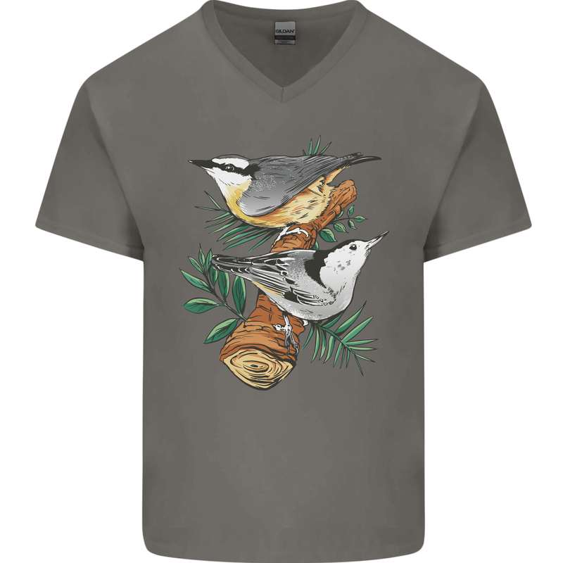 Nuthatch Garden Bird Watching Mens V-Neck Cotton T-Shirt Charcoal