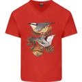 Nuthatch Garden Bird Watching Mens V-Neck Cotton T-Shirt Red