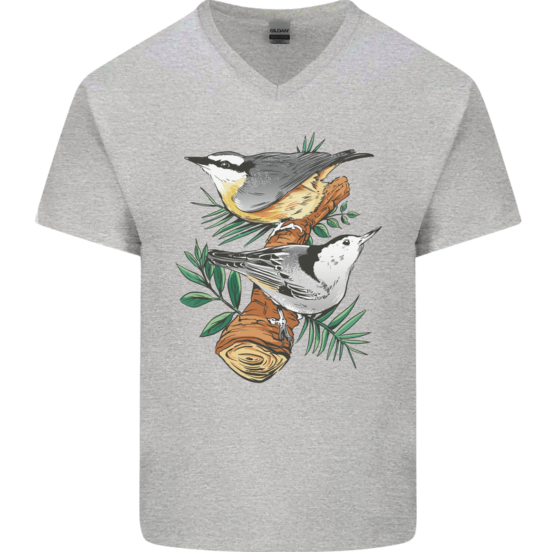 Nuthatch Garden Bird Watching Mens V-Neck Cotton T-Shirt Sports Grey