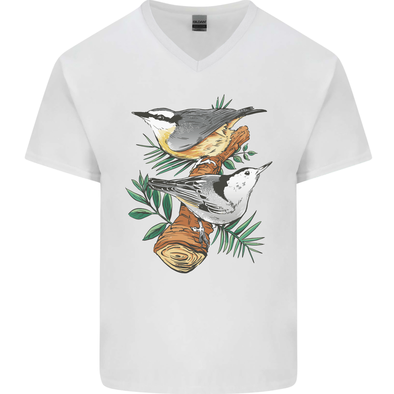 Nuthatch Garden Bird Watching Mens V-Neck Cotton T-Shirt White