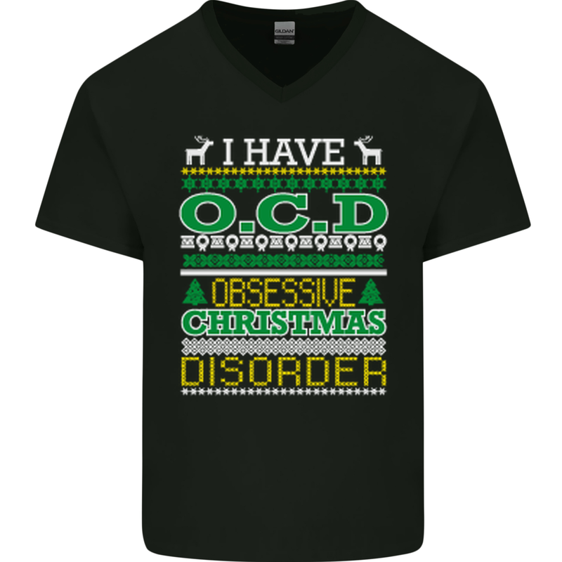 OCD Obsessive Christmas Disorder Mens V-Neck Cotton T-Shirt Black