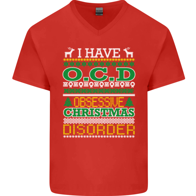 OCD Obsessive Christmas Disorder Mens V-Neck Cotton T-Shirt Red