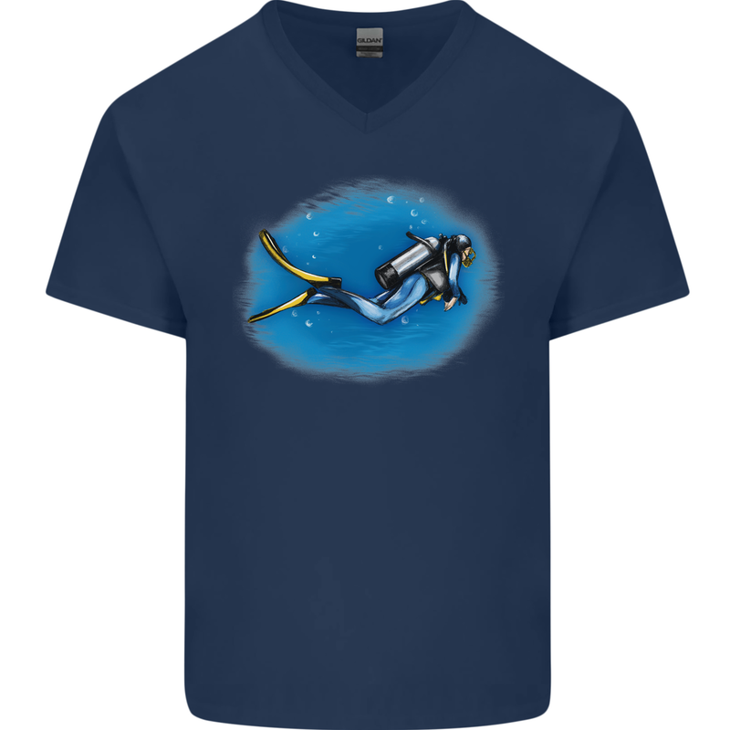 Ocean Scuba Diver Scuba Diving Mens V-Neck Cotton T-Shirt Navy Blue