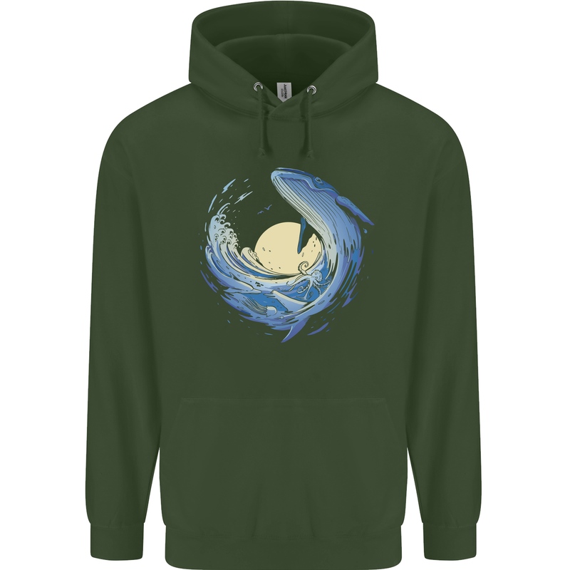 Ocean Whale & Octopus Childrens Kids Hoodie Forest Green