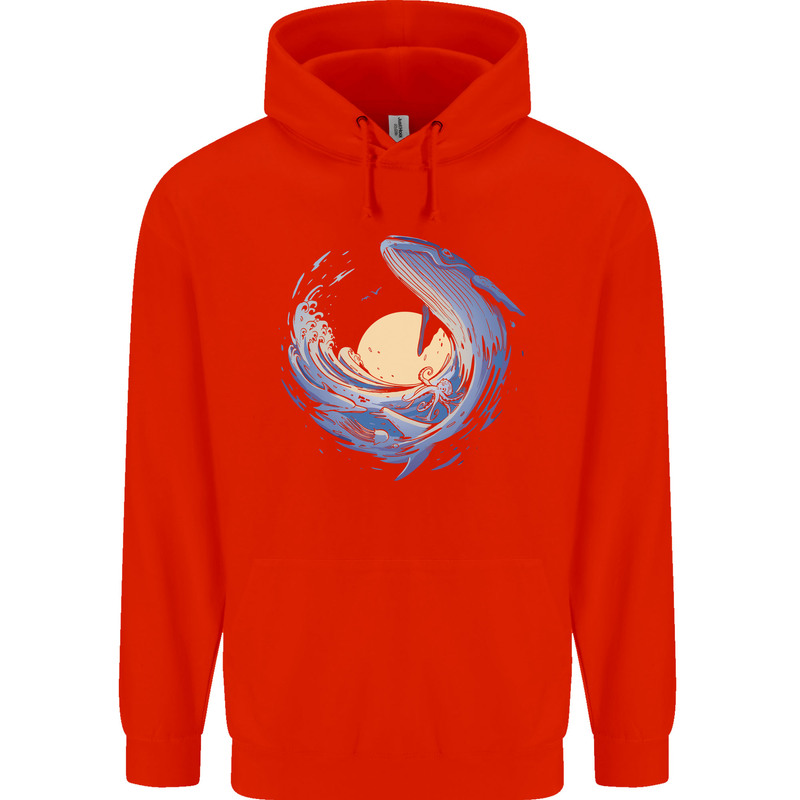 Ocean Whale & Octopus Mens 80% Cotton Hoodie Bright Red