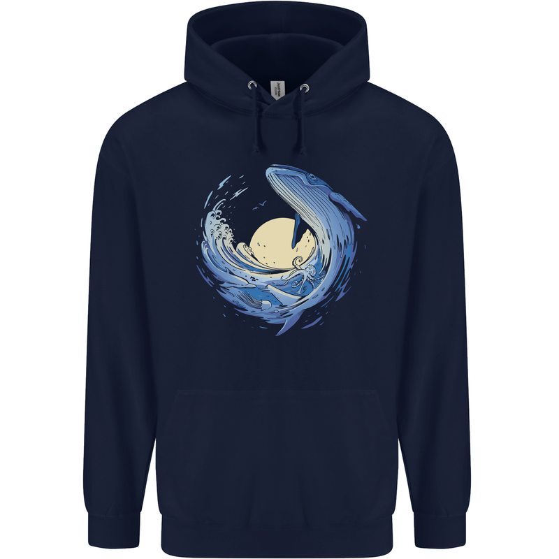 Ocean Whale & Octopus Mens 80% Cotton Hoodie Navy Blue