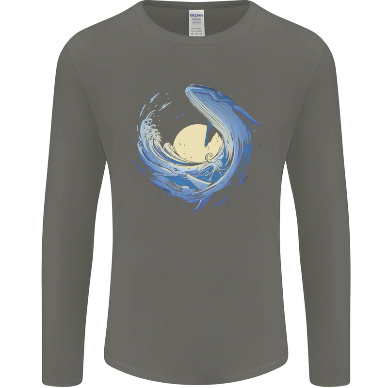 Ocean Whale & Octopus Mens Long Sleeve T-Shirt Charcoal