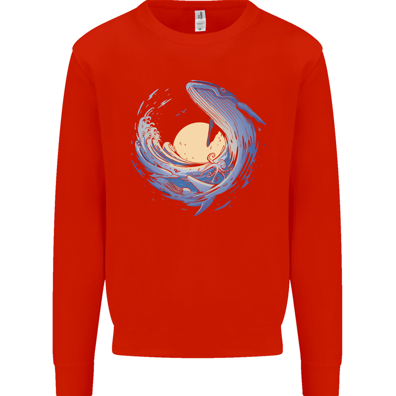 Ocean Whale & Octopus Mens Sweatshirt Jumper Bright Red