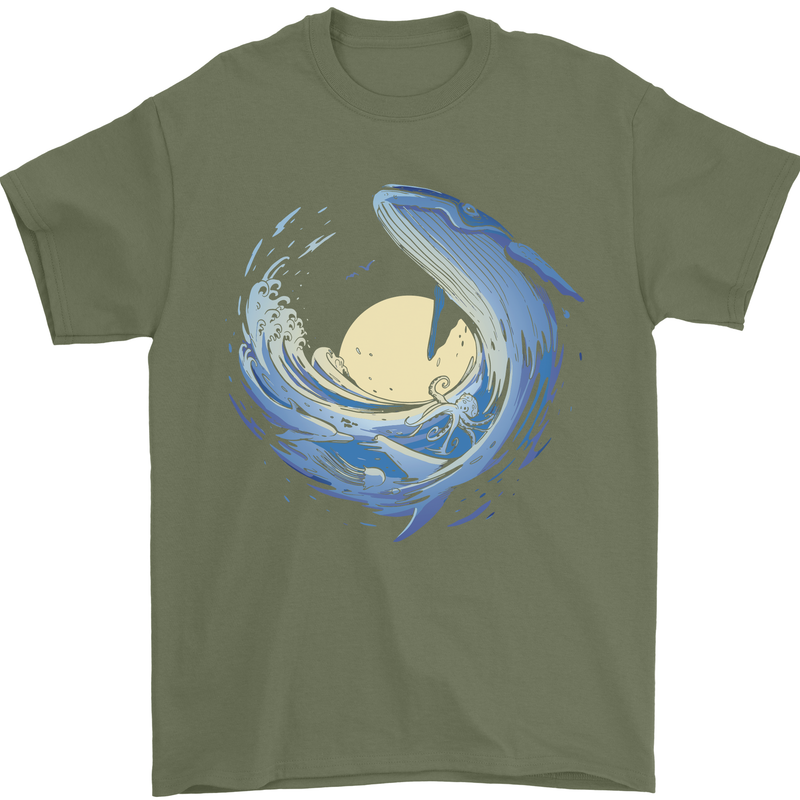Ocean Whale & Octopus Mens T-Shirt Cotton Gildan Military Green