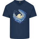 Ocean Whale & Octopus Mens V-Neck Cotton T-Shirt Navy Blue